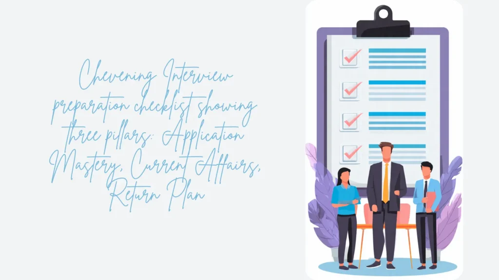 Chevening Interview preparation checklist showing three pillars: Application Mastery, Current Affairs, Return Plan