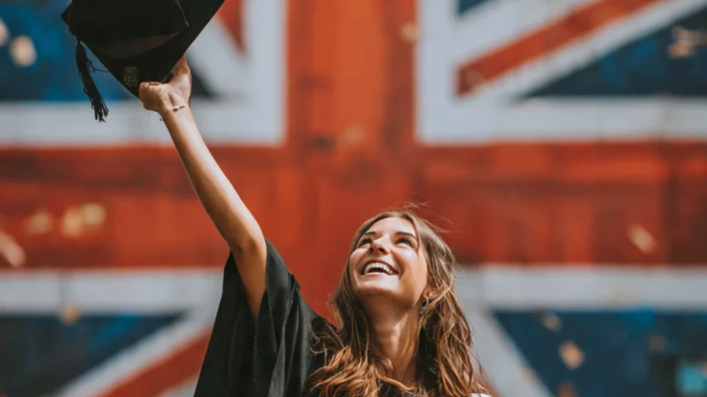 Graduate throwing cap in celebration with Union Jack background