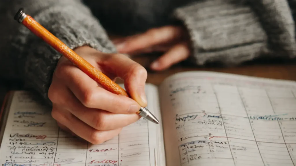 Person planning timeline in journal