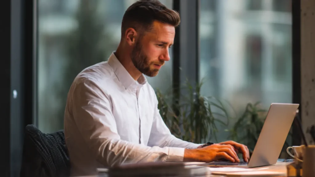 Professional working at desk with laptop