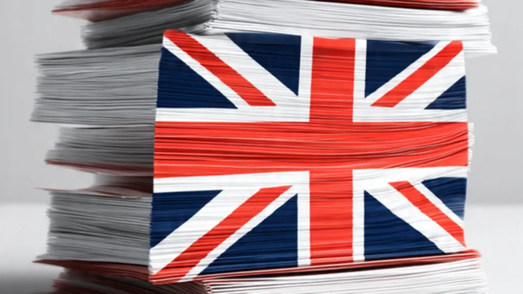 Stack of application documents with UK flag