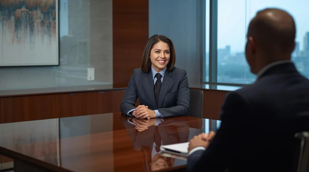 Confident professional in interview setting