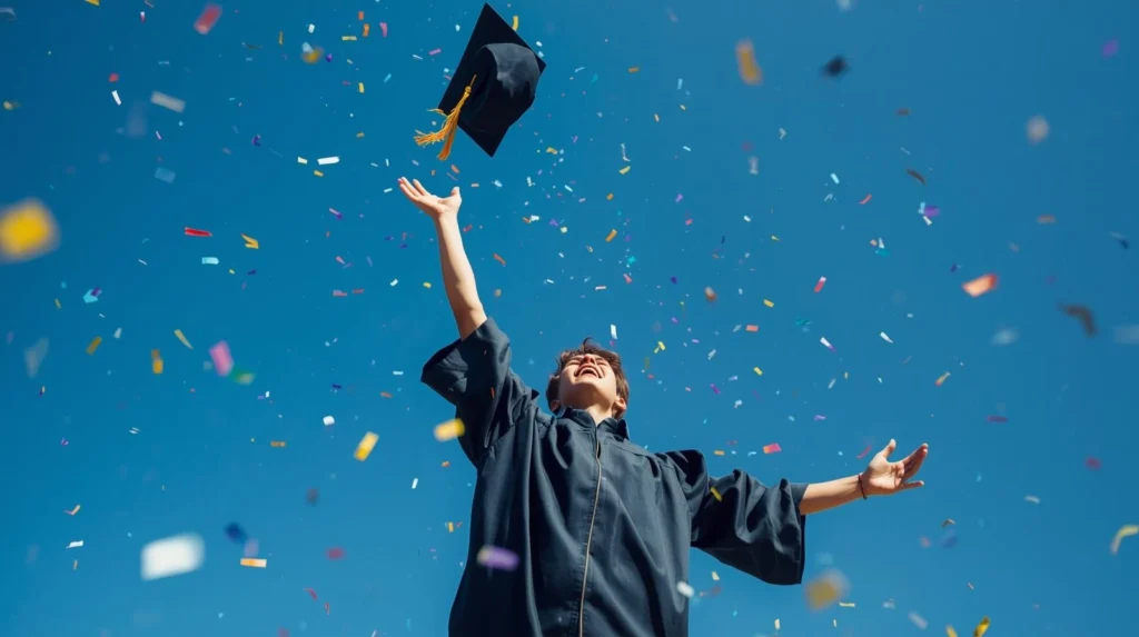 Graduate throwing cap in celebration