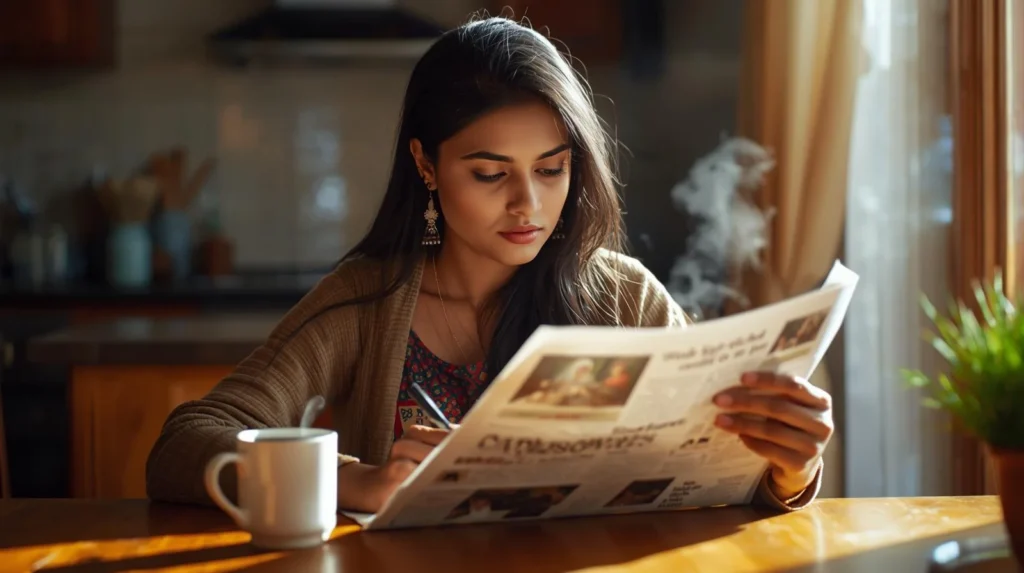 Person reading newspapers with coffee