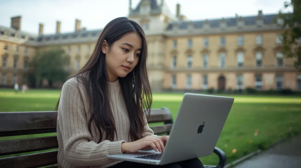 Chevening Scholarship Essay Tips: How to Write Essays That Actually Win 2 Person writing at laptop with UK university campus in background