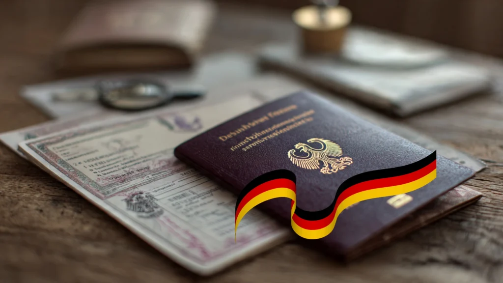 A German student visa and passport laid on a desk