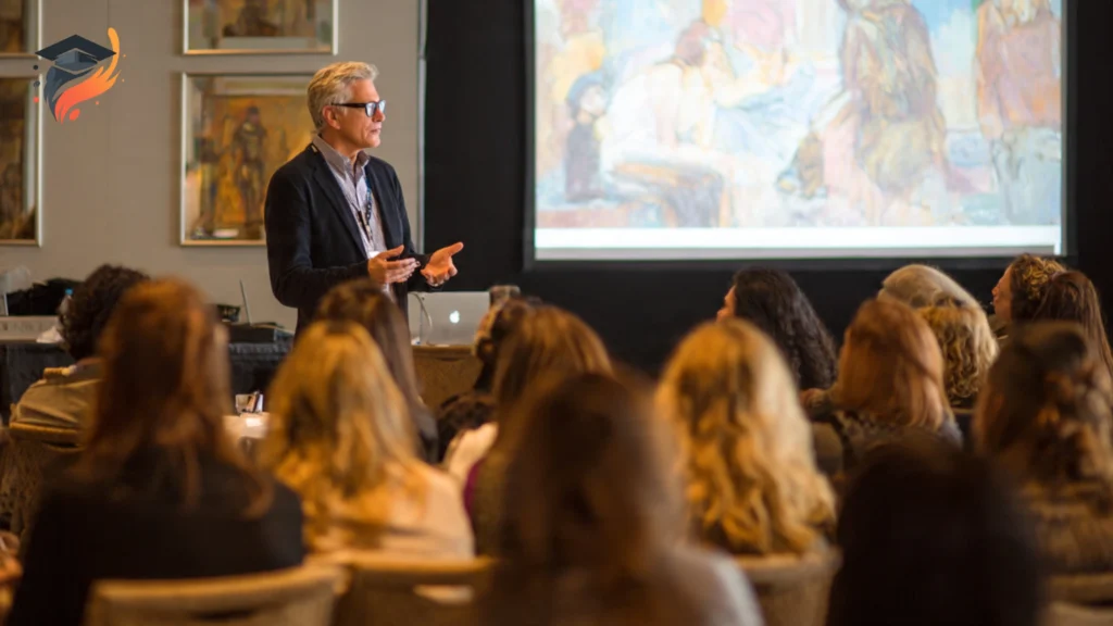 A researcher presenting at a philanthropy conference or academic symposium