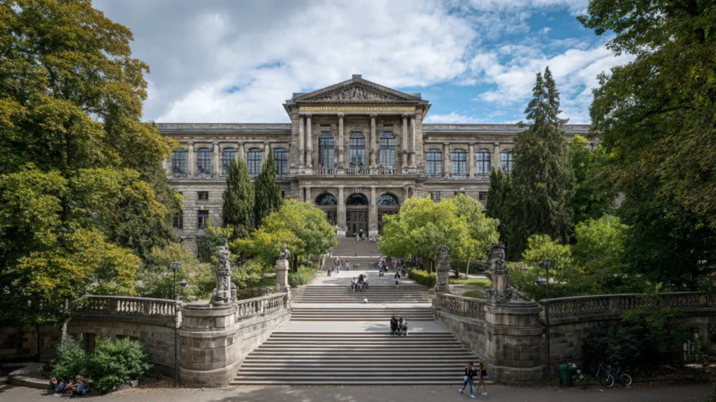 A wide shot of a German university campus — perhaps Humboldt University Berlin or TU Munich — with students on the steps
