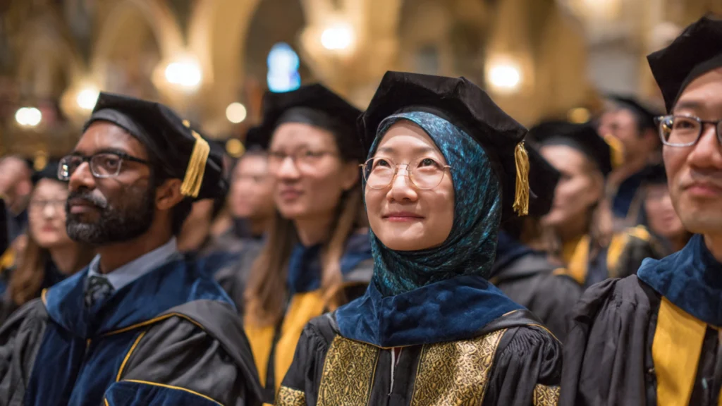 Graduate students in academic regalia at a university ceremony — diverse international crowd