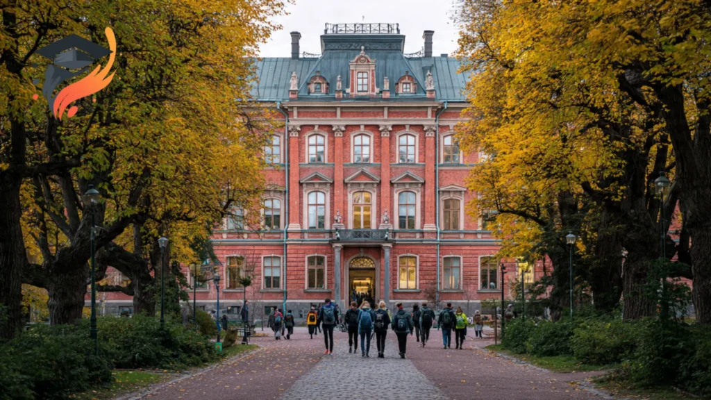 Helsinki University main building in autumn — a classic red brick facade with students walking