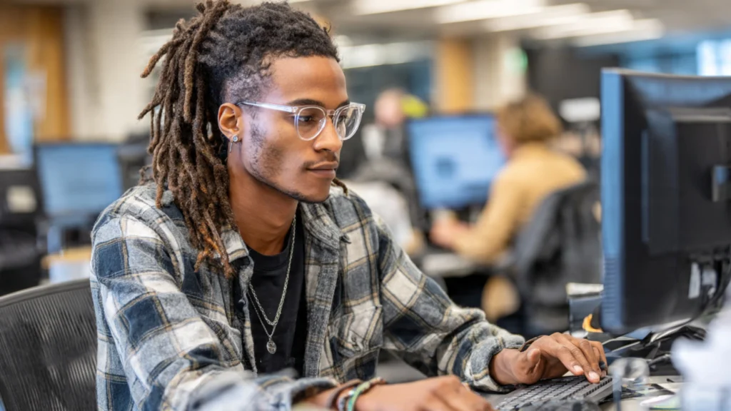 Student working at a desk in a professional office setting in Norfolk VA