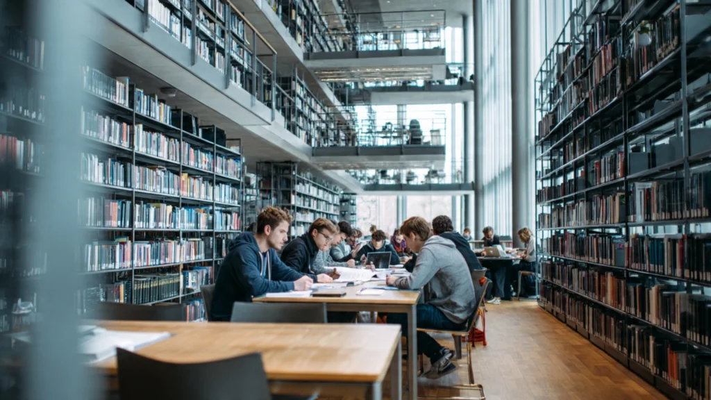 Students studying in a modern German university library
