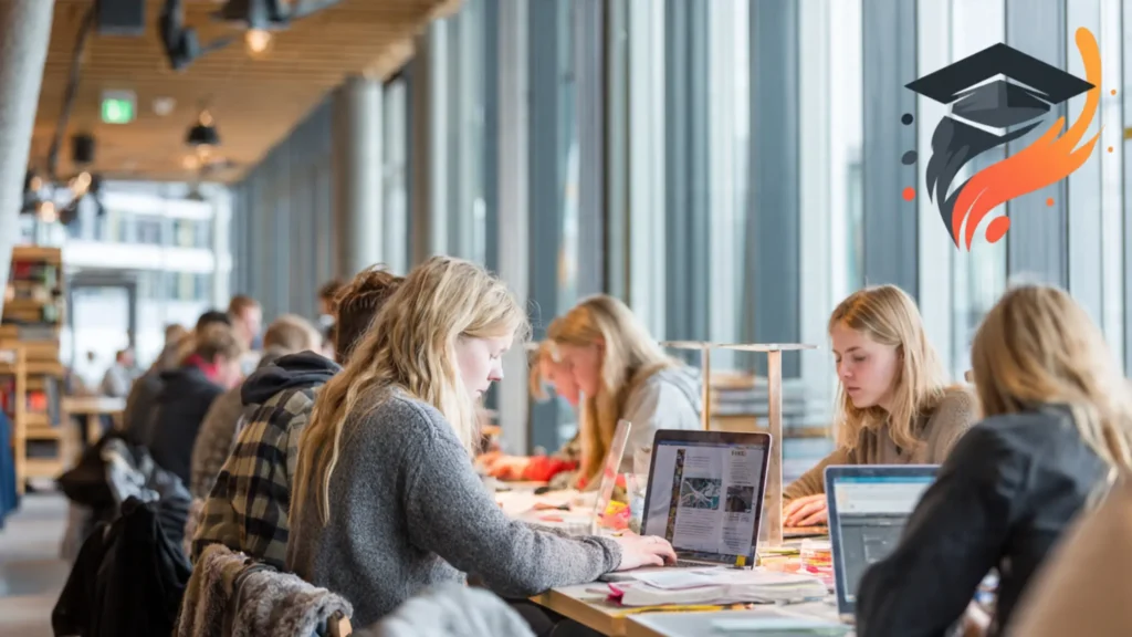 Students studying inside a modern Finnish university library — open plan bright windows Nordic design