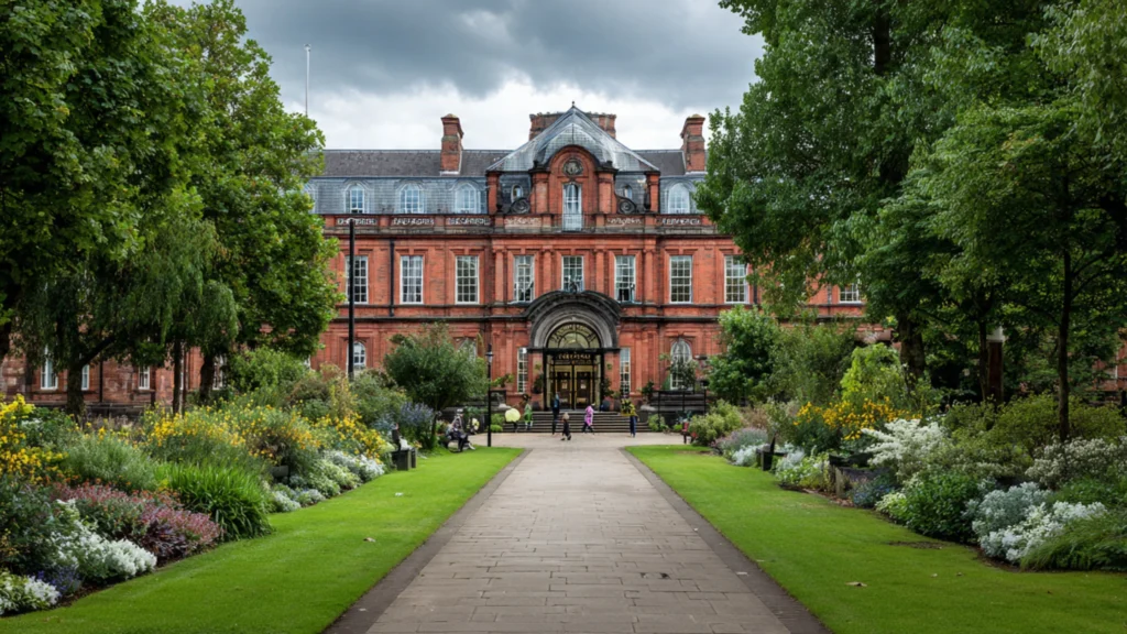 University of Birmingham Edgbaston campus main entrance with green grounds