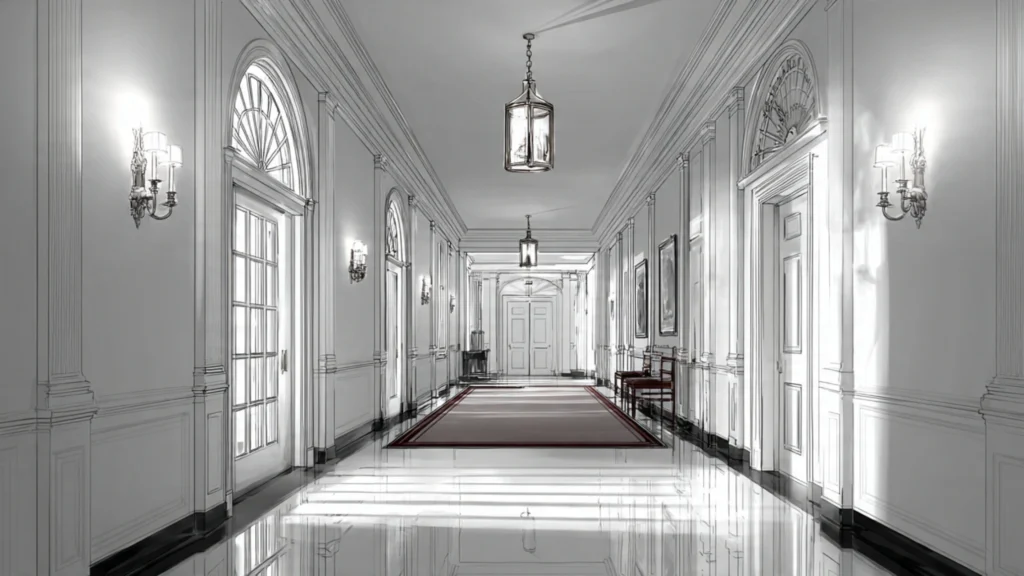 interior of a government briefing room or West Wing corridor