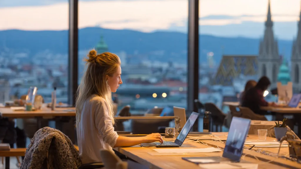 intern working at a modern open plan office Vienna backdrop