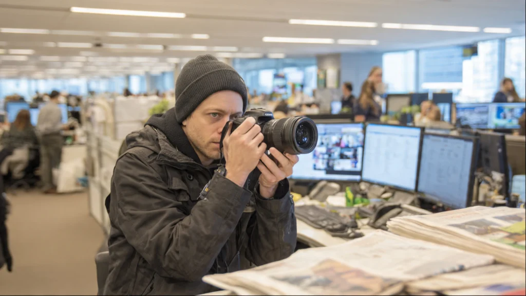 photographer on assignment in a busy newsroom here