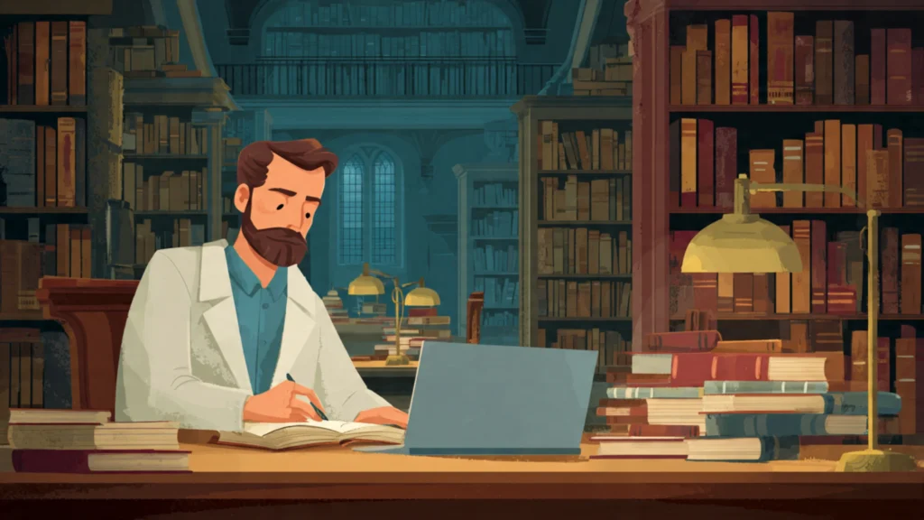 scholar working in a university library or research space here