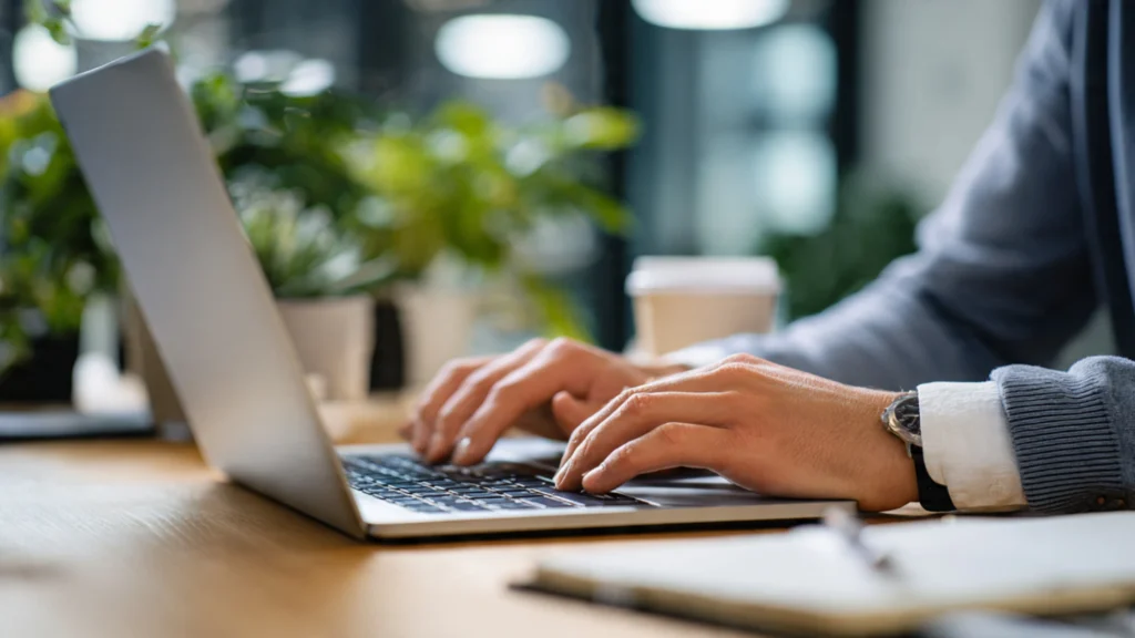 someone typing at a laptop in a professional setting