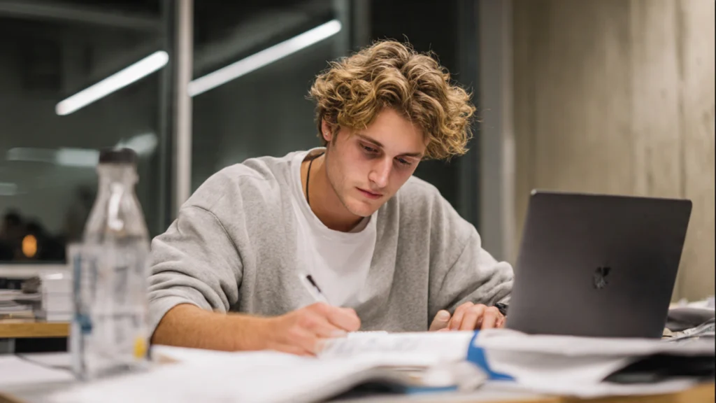 student studying at a desk with laptop and notes — academic setting